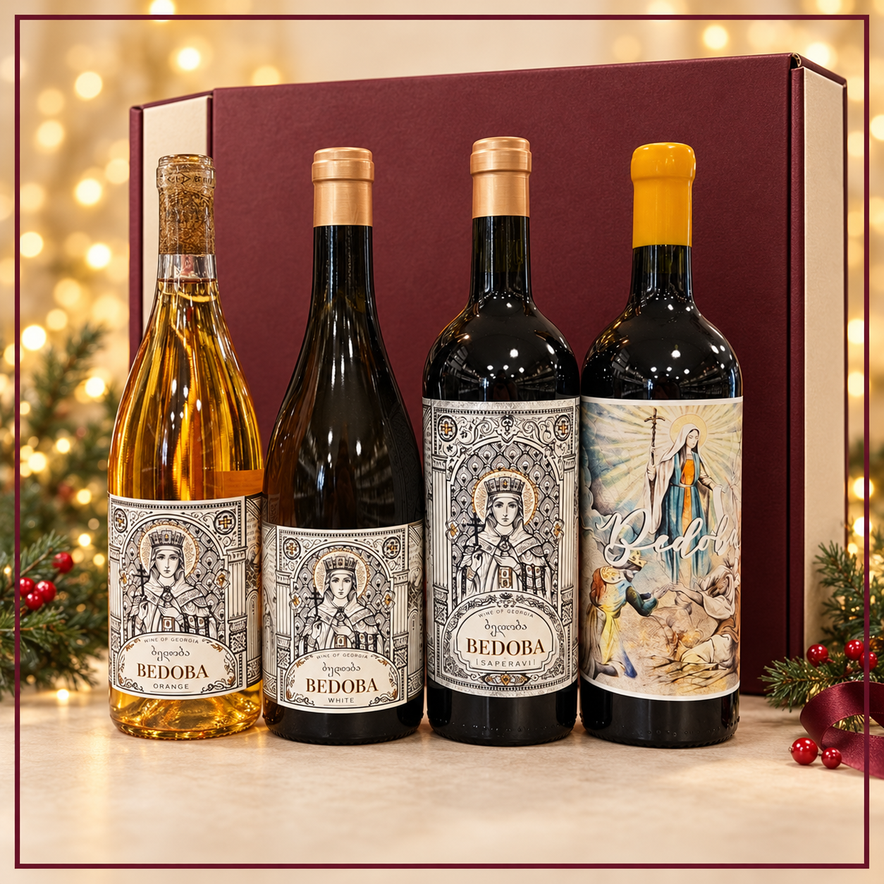 Bedoba Discovery Collection with Saperavi, Reserva, White and Orange wine in a four-bottle festive gift presentation