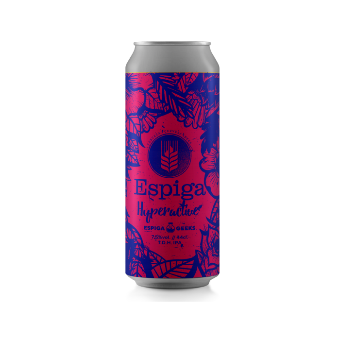 Cans of Espiga Hyperactive beer with a pink and blue design on a white background