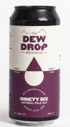 Beer can labeled 'Dew Drop' with a white and purple design on a white background