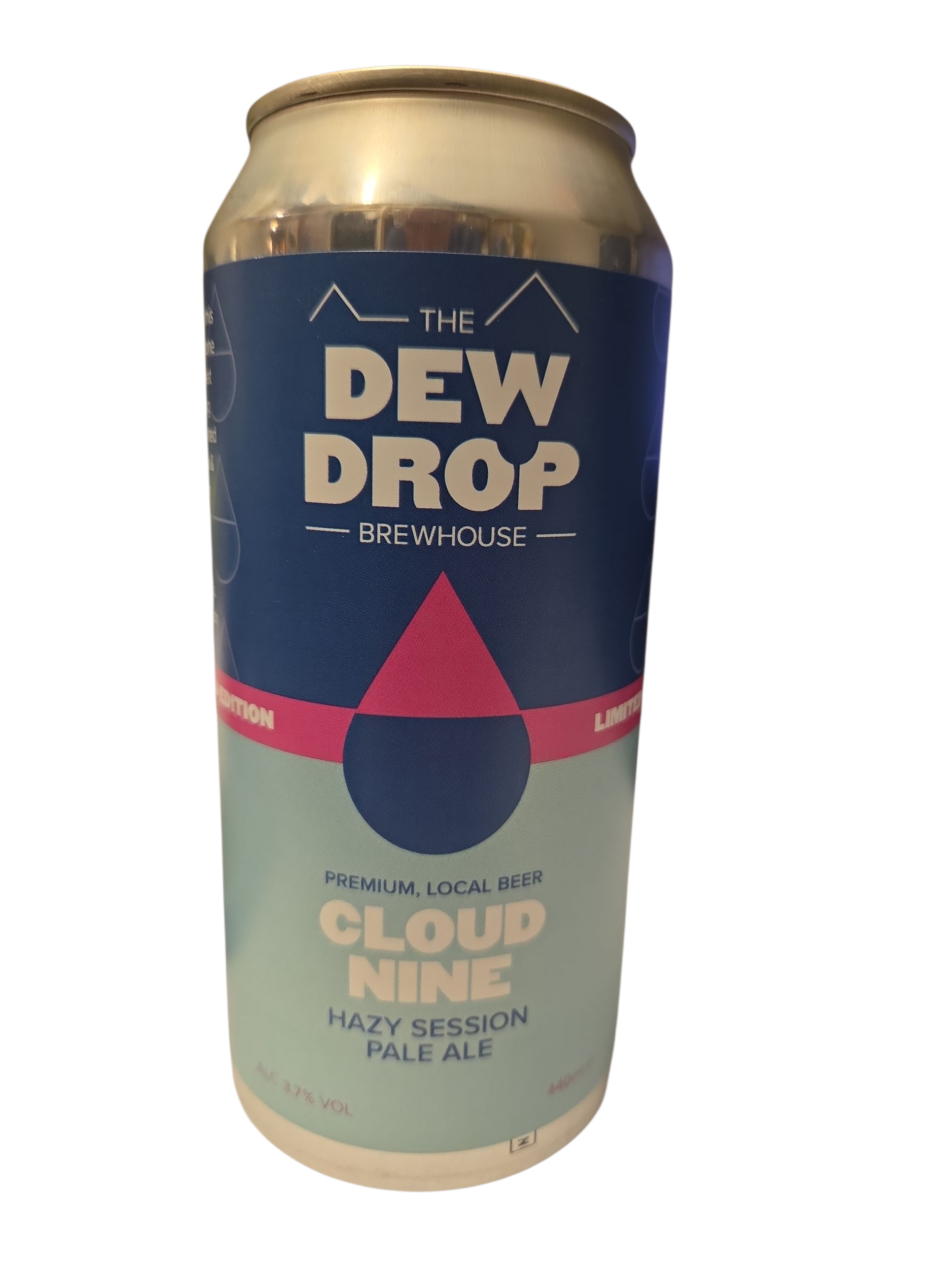 Beer can with 'The Dew Drop Brewhouse' branding on a white background