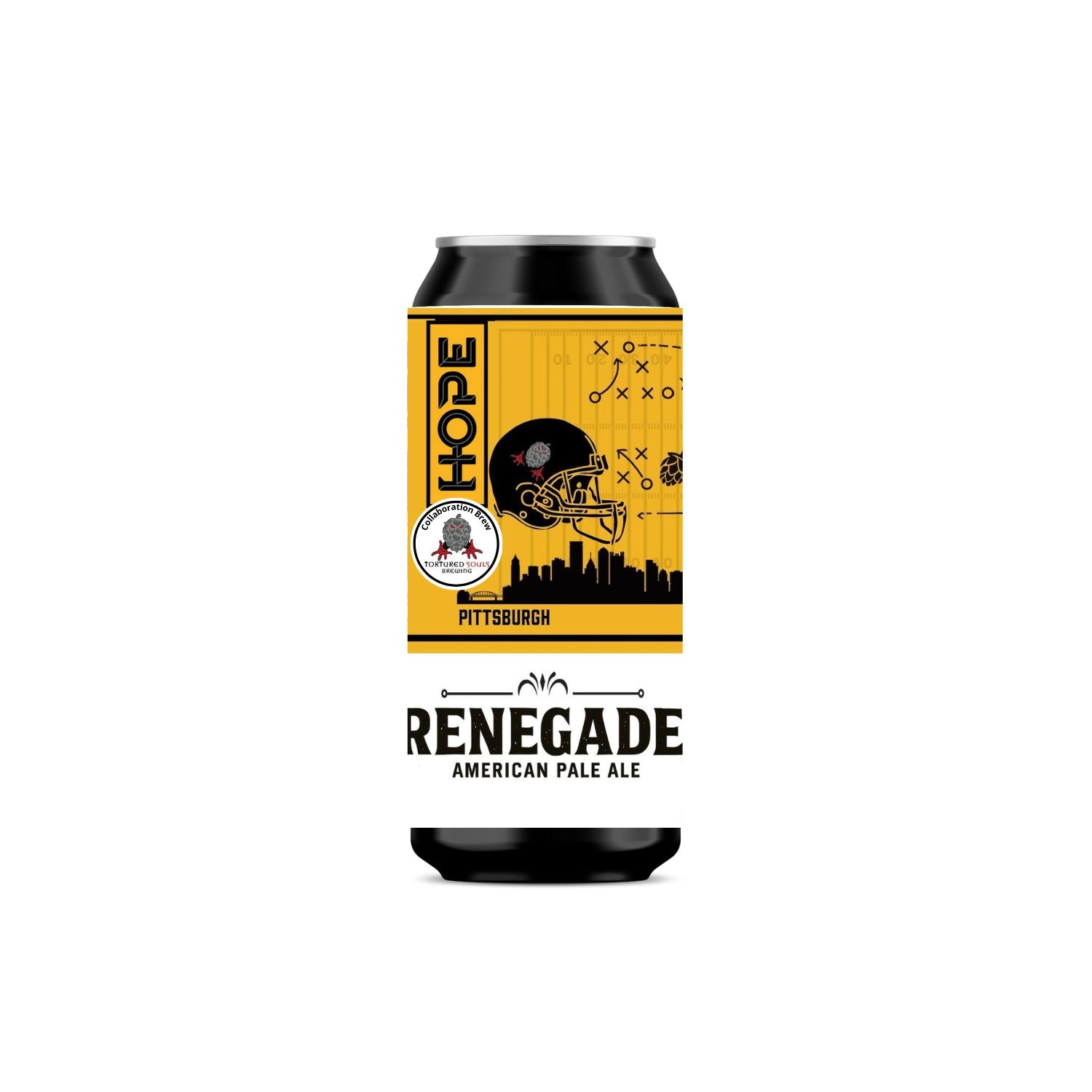 Can of Renegade American Pale Ale with a yellow label featuring a helmet design on a white background