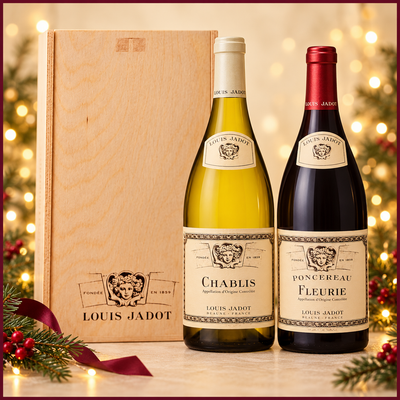 Louis Jadot Fleurie and Chablis twin wooden gift box on approved festive background