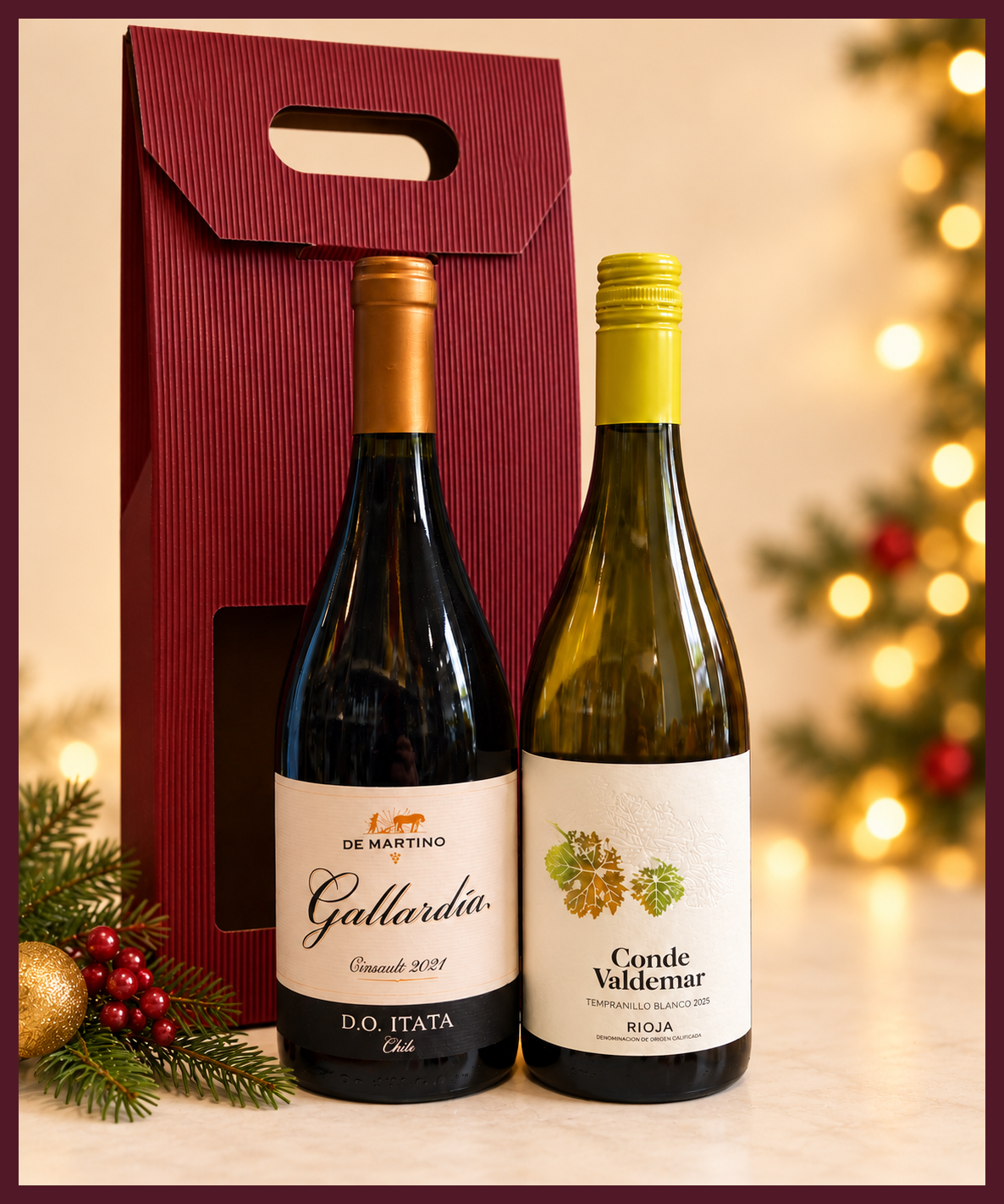 Irish Wine Show – Red & White Gold Winners Twin Wine Gift Set: two-bottle wine gift set on warm Christmas ivory backdrop with burgundy border