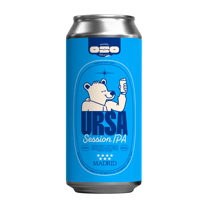 Blue can of Ursa Session IPA with bear illustration on a white background