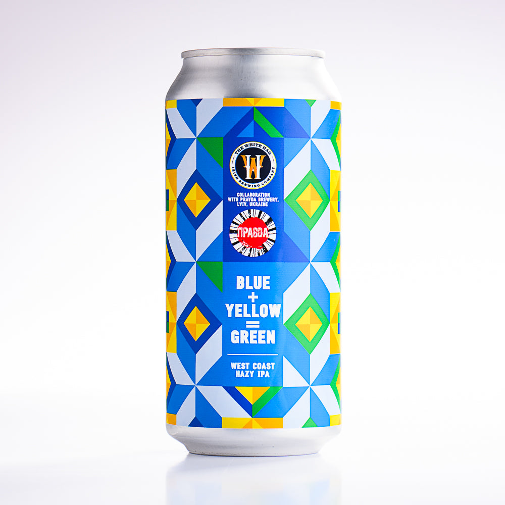 The White Hag X Pravda- Blue + Yellow = Green West coast hazy IPA 5.5% ABV 440ml Can
