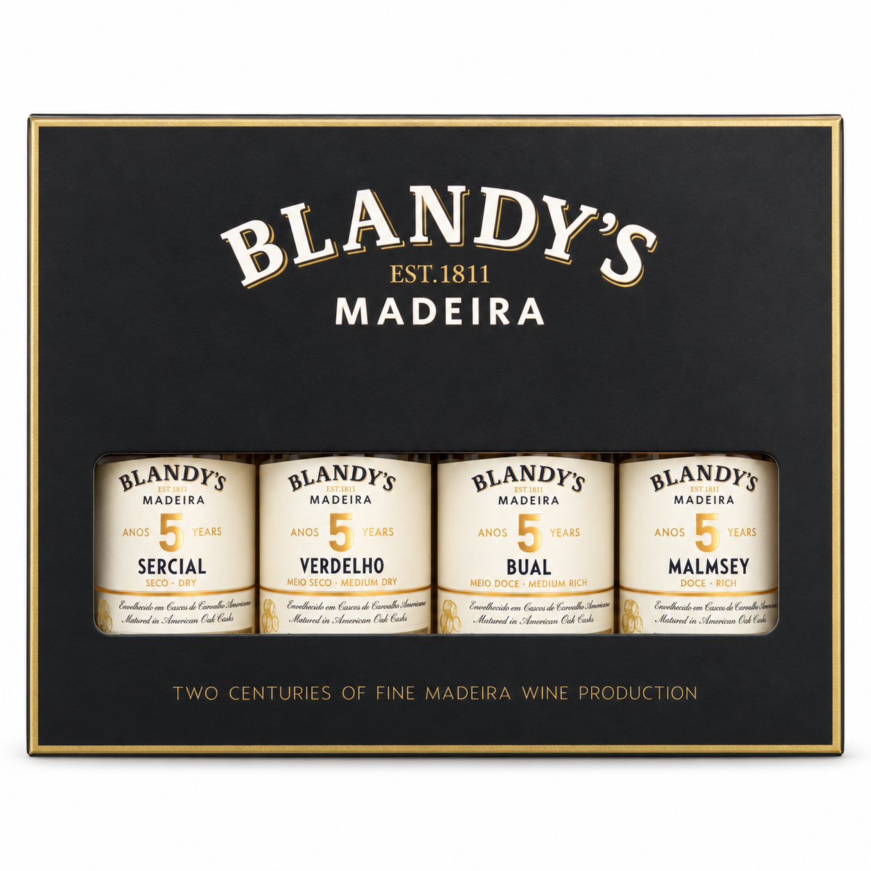 Blandy's 5 Year Old Madeira Miniature Gift Set 4 x 5cl on a clean white background