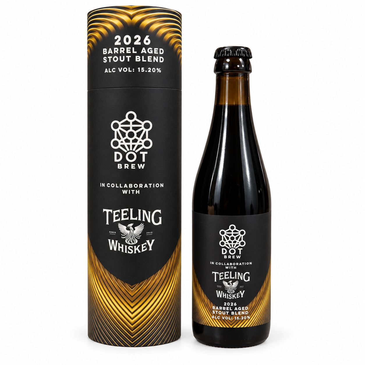 DOT Brew x Teeling 2026 Barrel Aged Stout Blend bottle and gift tube on a white background