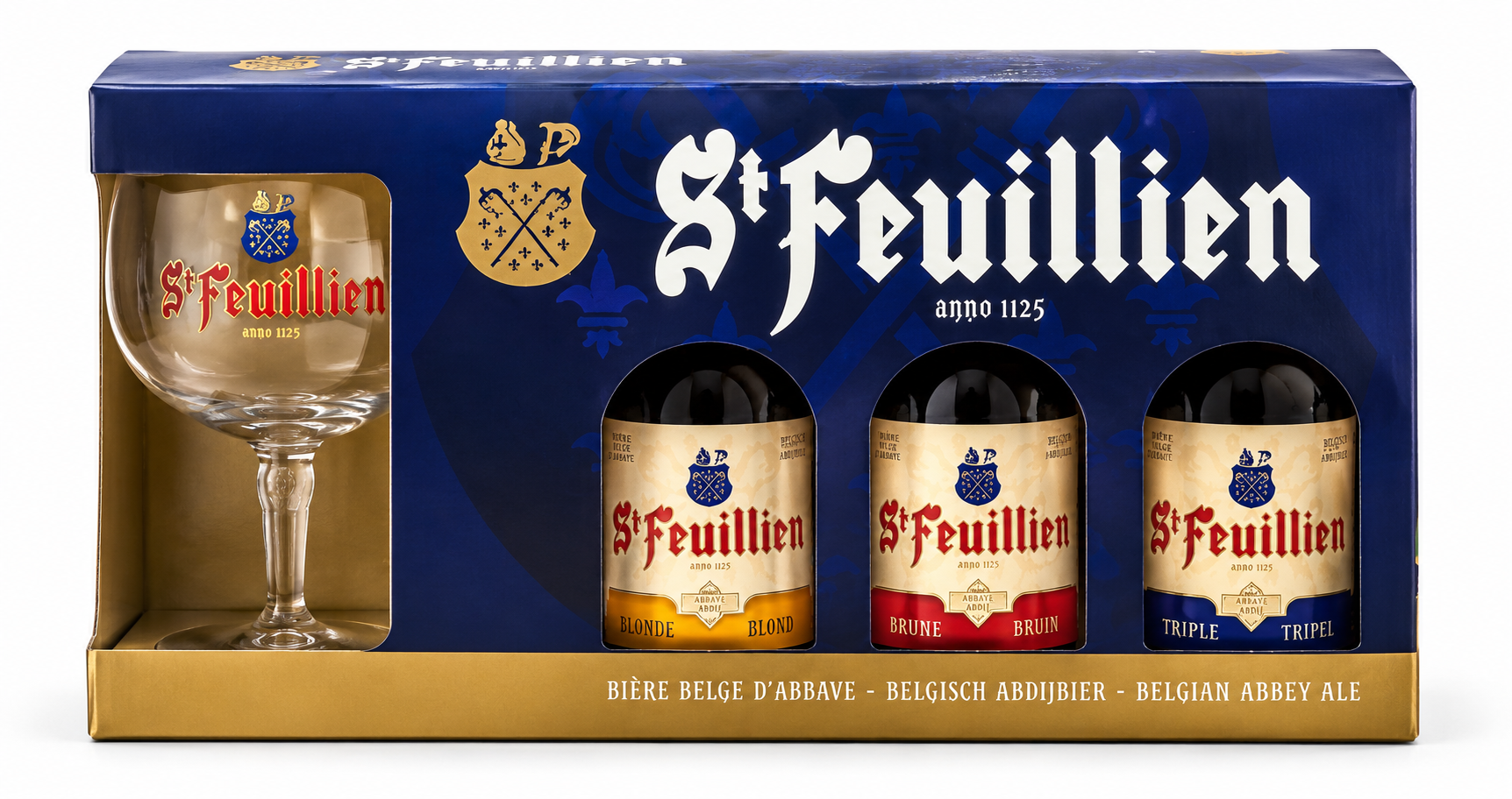 St-Feuillien Abbey Beer Gift Pack with three bottles and glass on white background