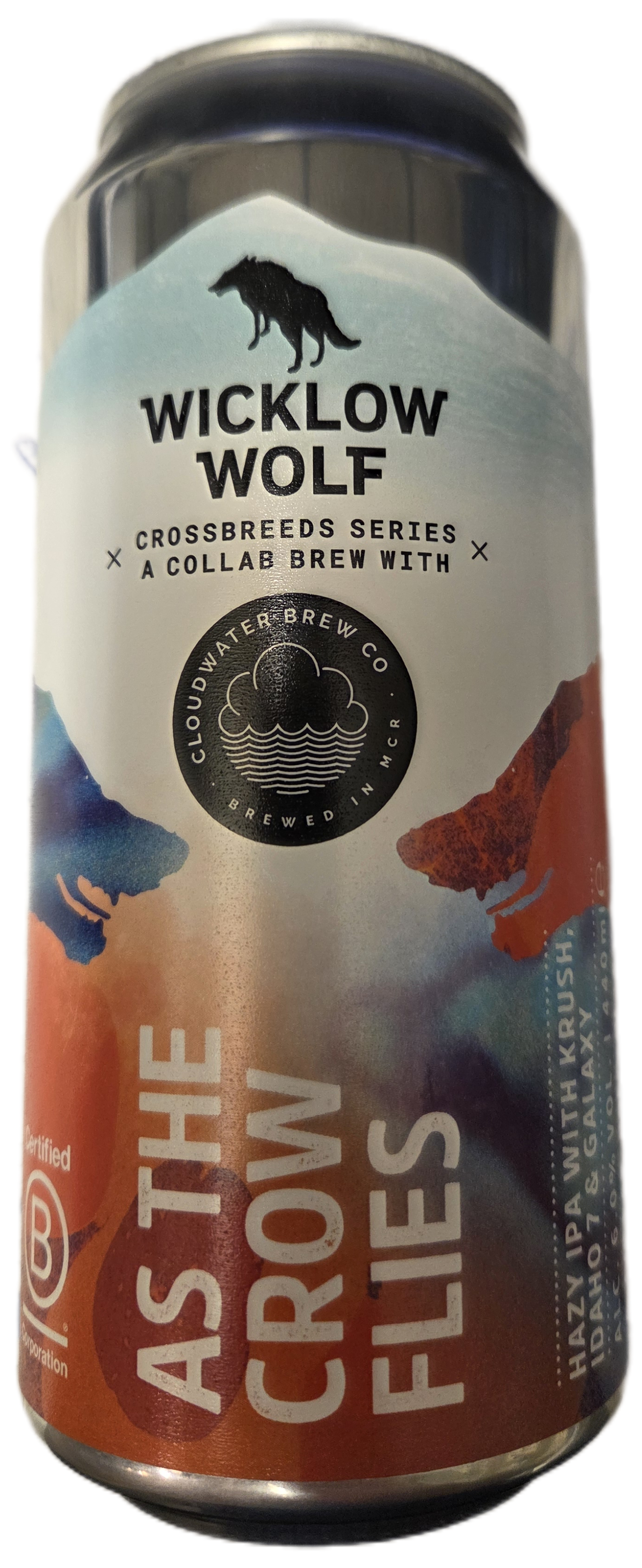 Wicklow Wolf beer can with branding and design elements.