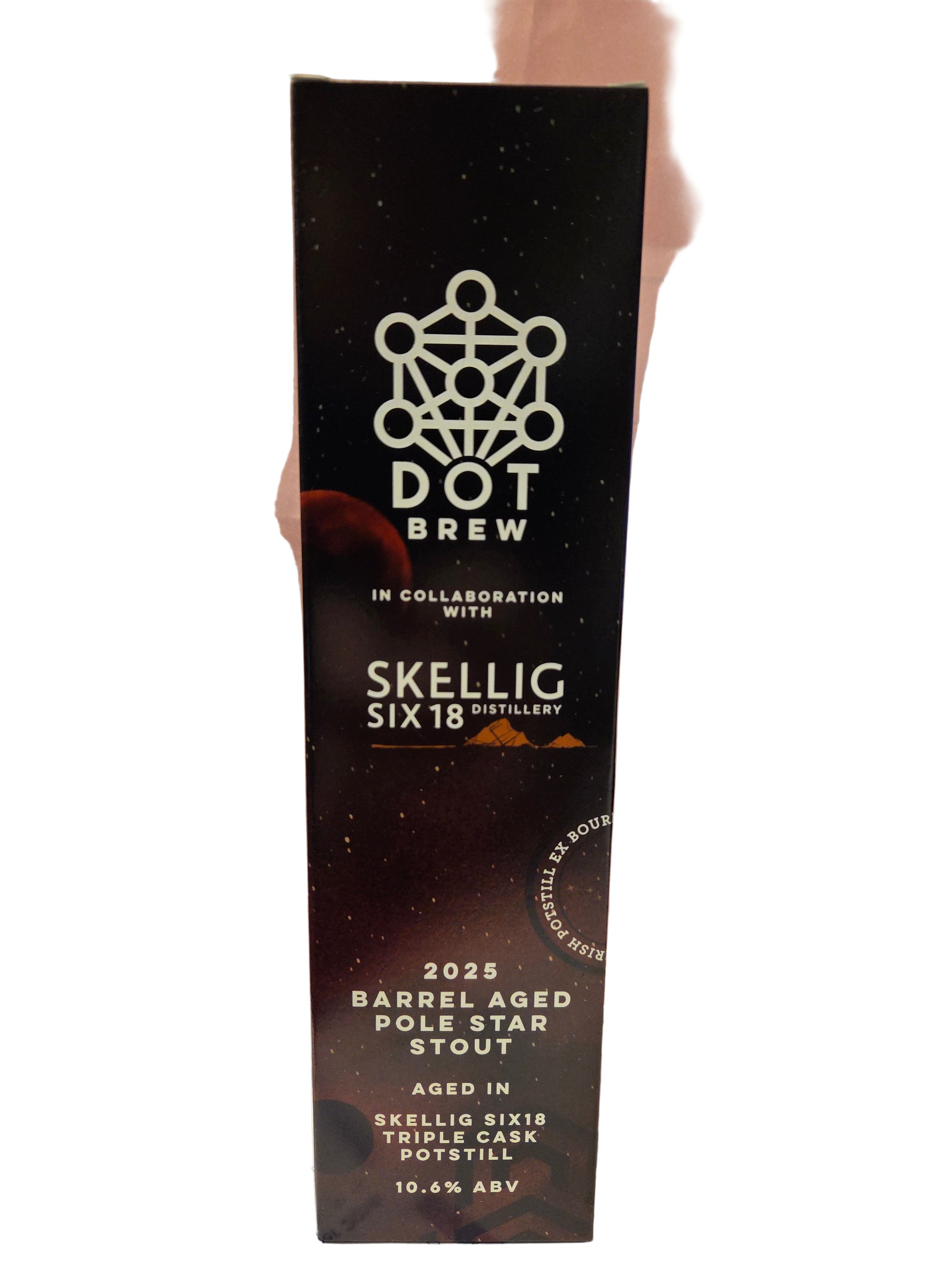 Skellig Six barrel-aged stout packaging with Dot Brew branding on a blurred background