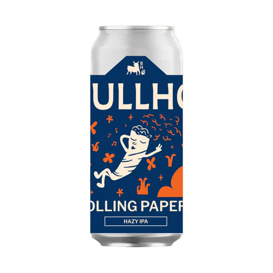Cans of Ullh Rolling Paper Hazy IPA on a beige background
