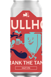 Beer can with Ullhøg branding and illustration on a red background