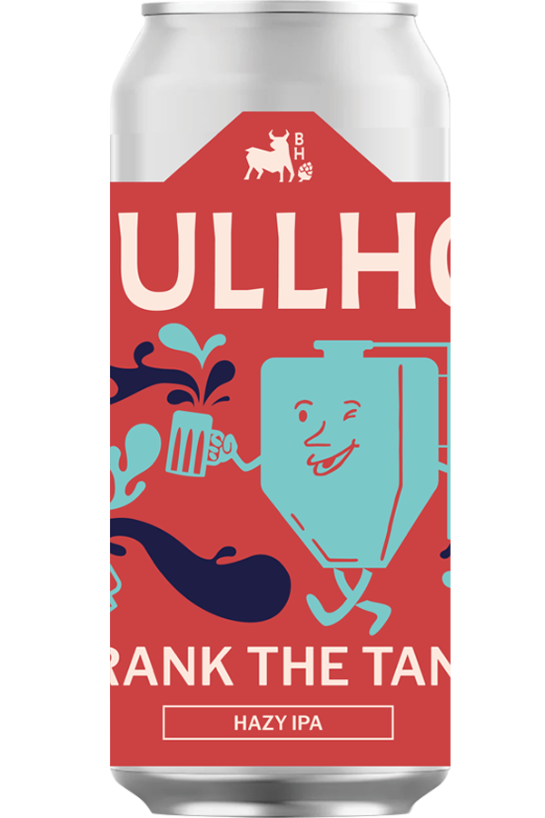 Beer can with Ullhøg branding and illustration on a red background
