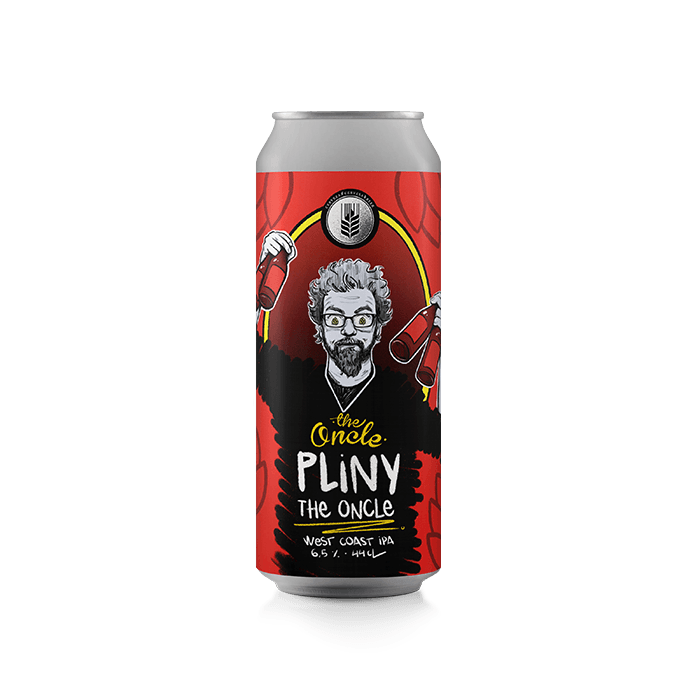 Beer can with 'Pliny the Uncle' branding on a black background