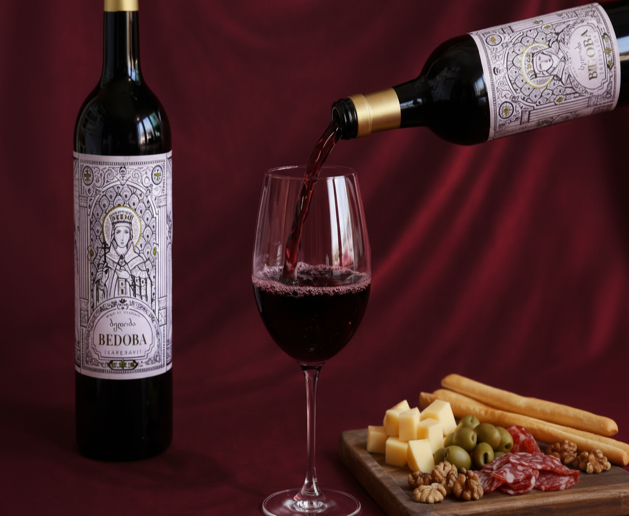 Wine being poured from a bottle labeled 'Bedoba' into a glass with a red background.