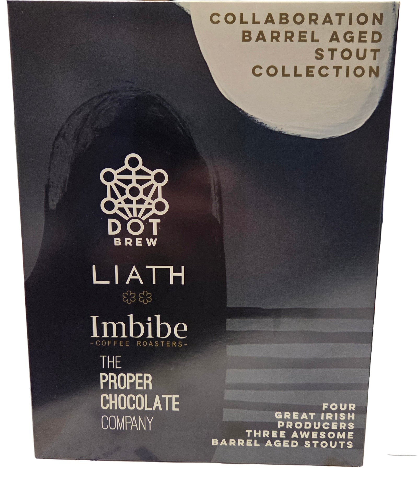 Box for Dot Brew Liath Imbibe collaboration barrel aged stout with branding and product details.