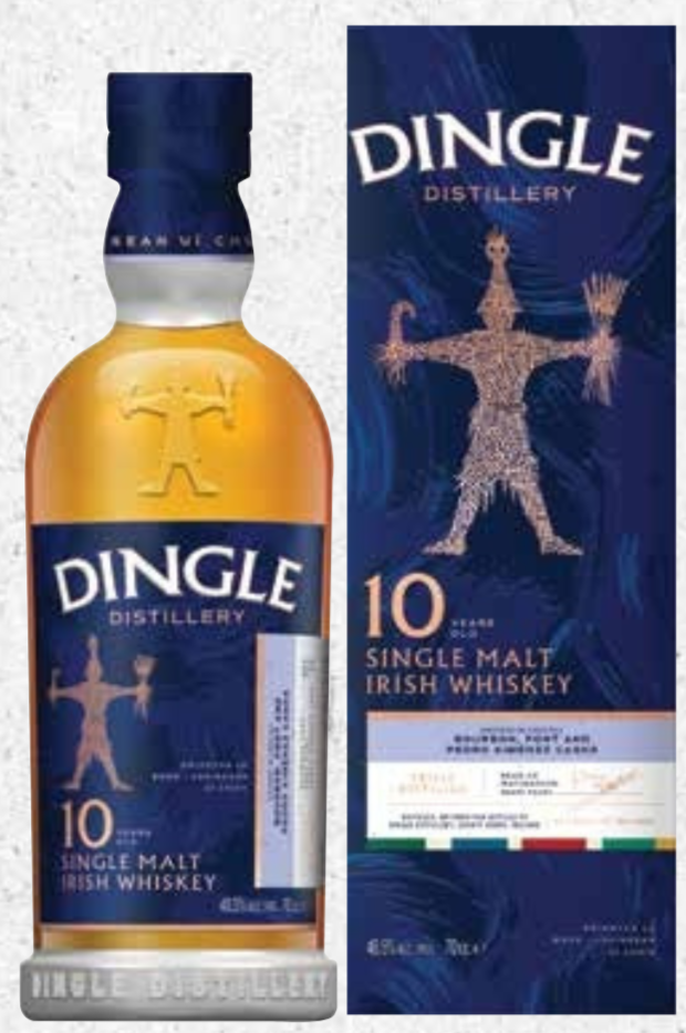 Dingle 10-year single malt Irish whiskey bottle and packaging on a white background
