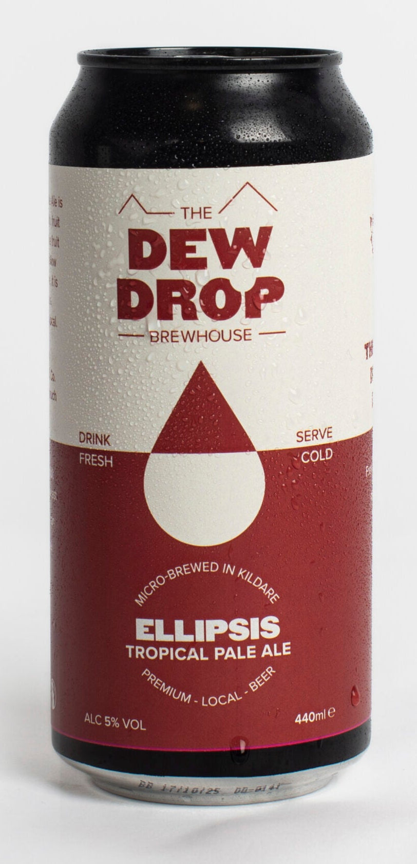 Beer can labeled 'The Dew Drop' on a white background