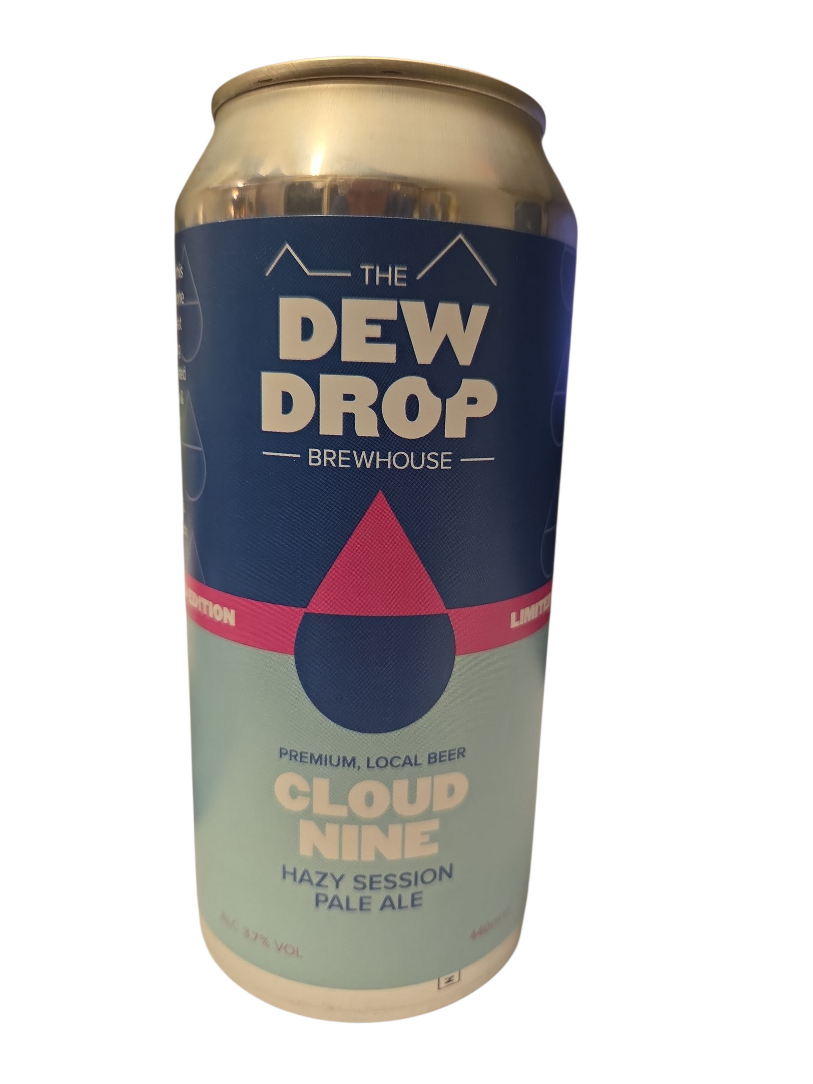 Beer can with 'The Dew Drop Brewhouse' branding on a white background