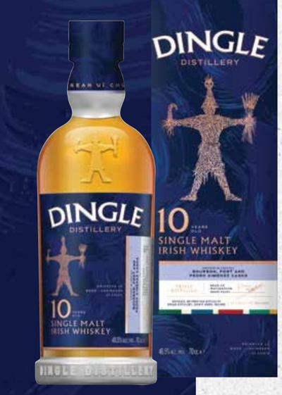 Dingle 10 Year Old Single Malt Irish Whiskey bottle and packaging with product details on a white background.