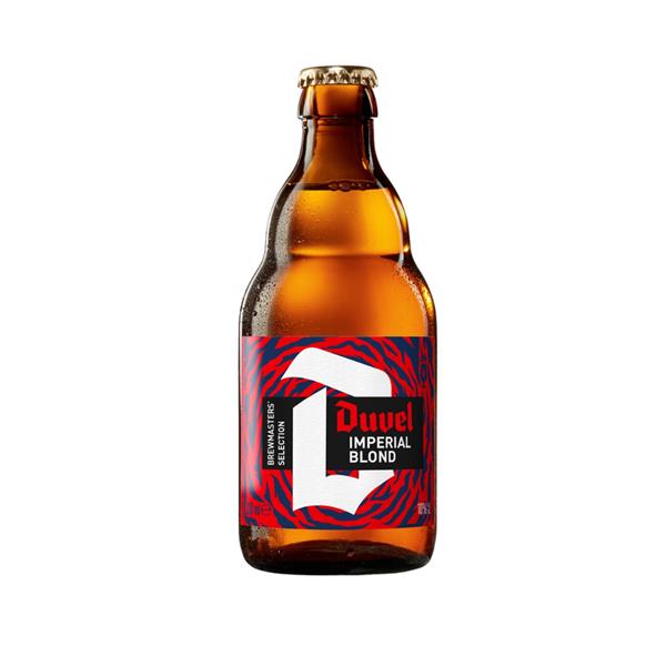 Beer bottle with a red and blue label on a white background