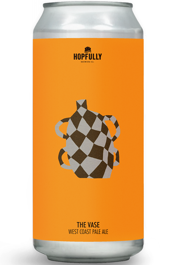 Beer can with orange label featuring a checkered vase design and 'HOPFULLY' branding.