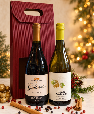 Irish Wine Show red and white gold winners gift box featuring De Martino Gallardia Cinsault and Conde Valdemar Tempranillo Blanco