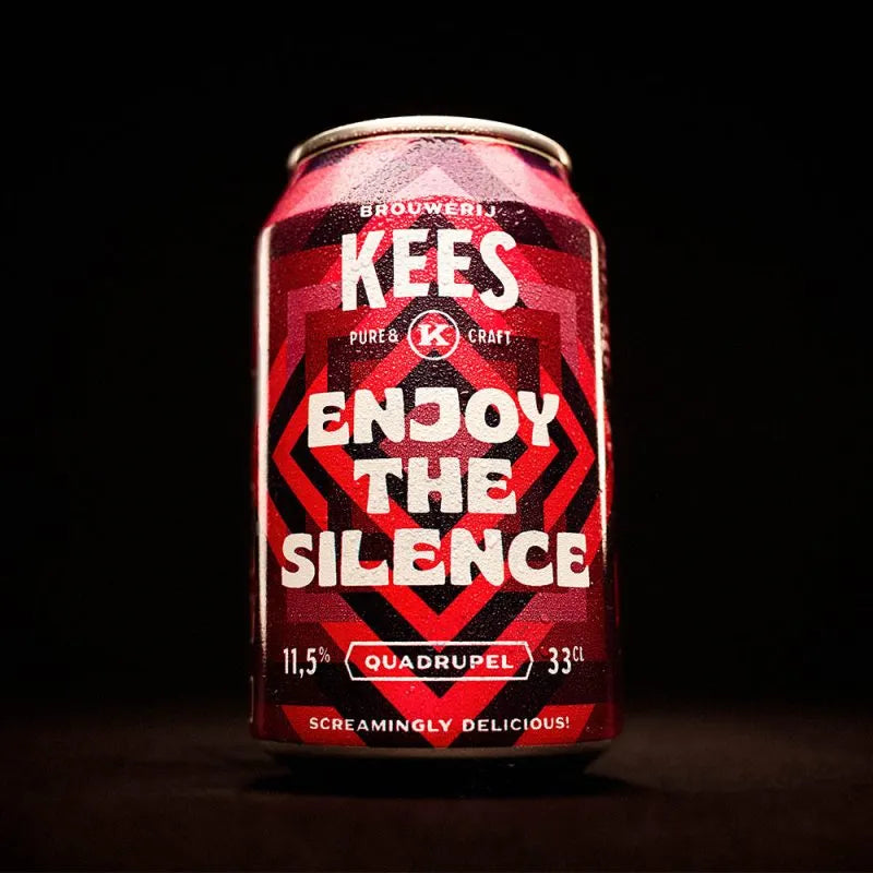 Kees beer can with red and black design on a dark background