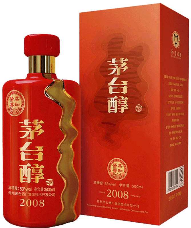 Red bottle and box of a traditional Chinese liquor with gold accents on a white background