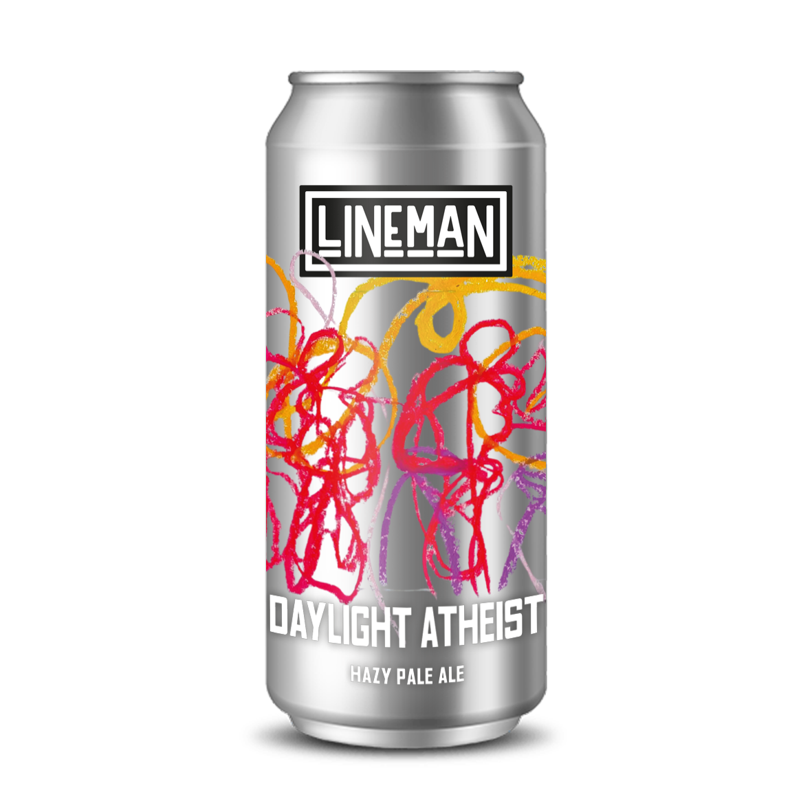Silver beer can with colorful graphics and 'LINEMAN' branding on a white background