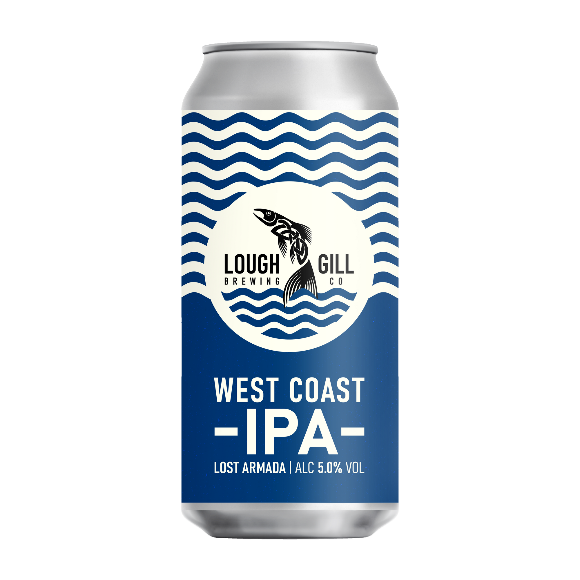 Lough Gill Brewing Co. West Coast IPA can with blue and white design on a white background