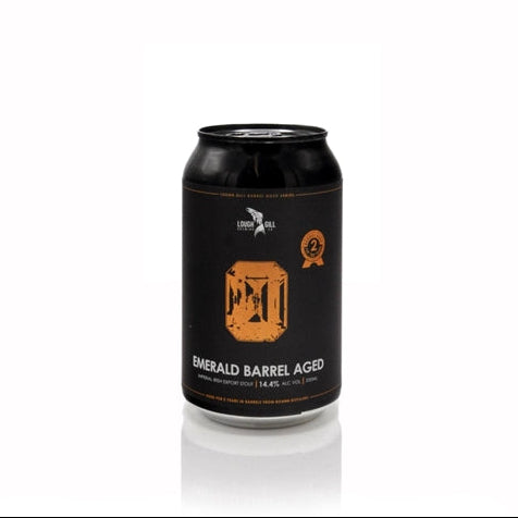 Black can of 'Emerald Barrel Aged' beer on a white background