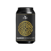 Black can with gold design and text on a dark background