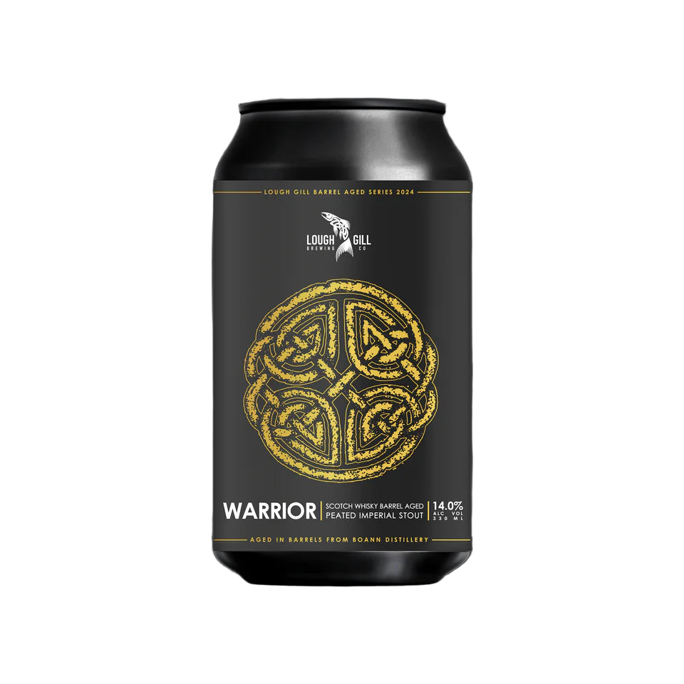 Black can with gold design and text on a dark background