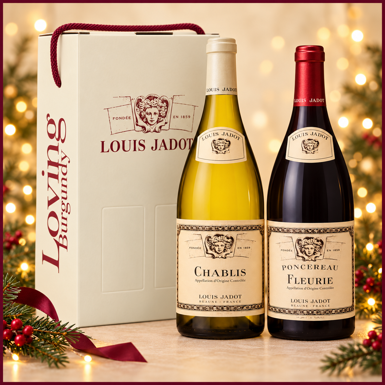 Louis Jadot Fleurie and Chablis in cardboard twin gift carrier with Christmas lights and burgundy border