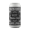 Beer can with decorative black and white label on a white background