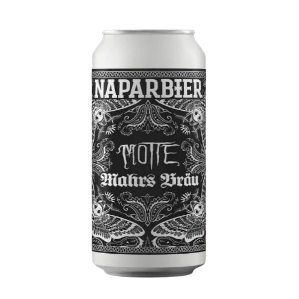 Beer can with decorative black and white label on a white background