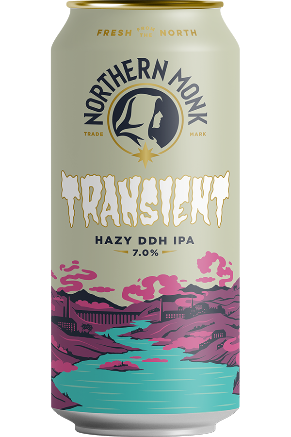 Can of Northern Monk Transient Hazy DDH IPA with artistic design on a white background