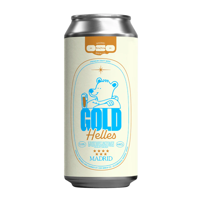 Beer can labeled 'Gold Helles' with a bear graphic on a white background