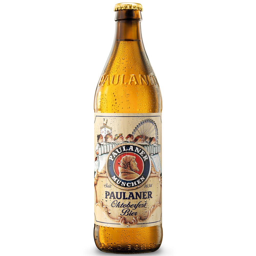 Paulaner beer bottle with label on a white background