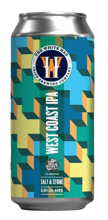 Two cans of West Coast IPA with geometric patterns on a green background