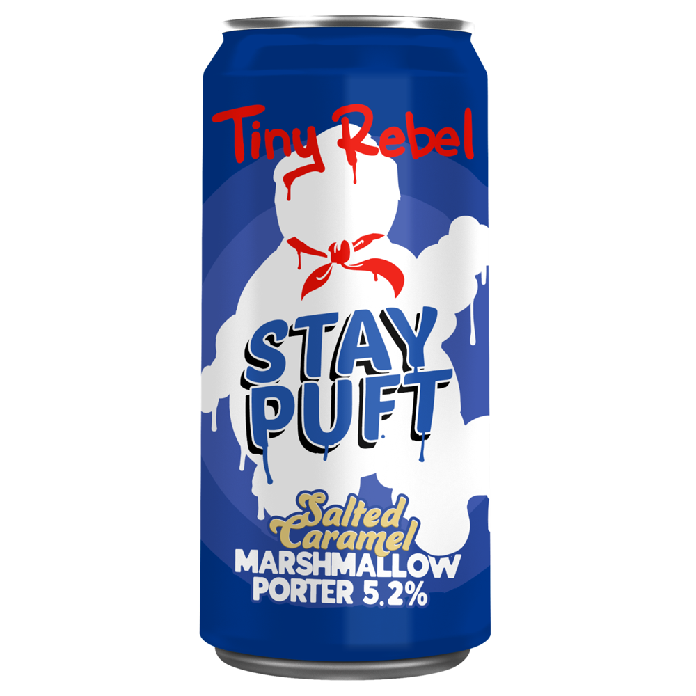 Blue can of Tiny Rebel Stay Puft Salted Caramel Marshmallow Porter on a white background
