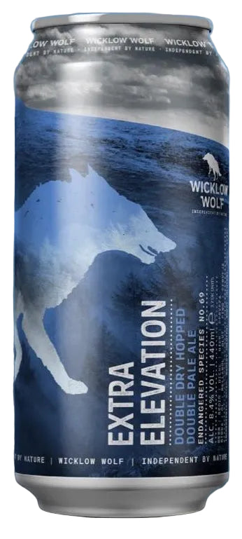 A promotional graphic for Wicklow Wolf Extra Elevation Double Dry Hopped Double Pale Ale, featuring a large can of the pale ale on the right and extensive product information text on the left over a blue-toned background.
