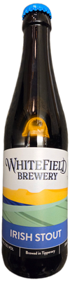 Bottle of Whitefield Brewery Irish Stout with a blue cap on a white background