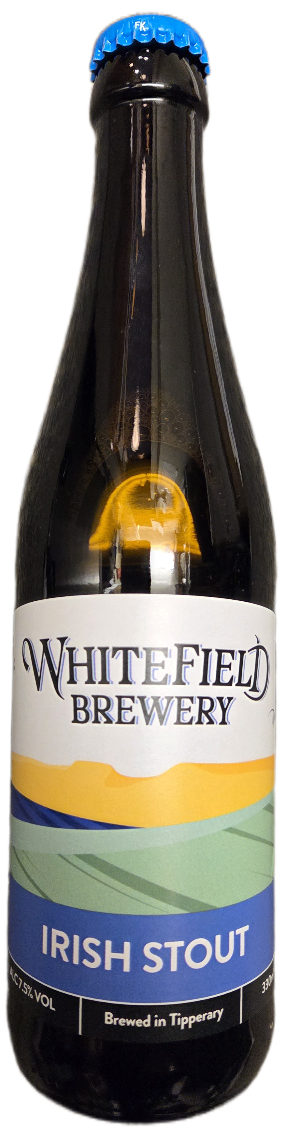 Bottle of Whitefield Brewery Irish Stout with a blue cap on a white background
