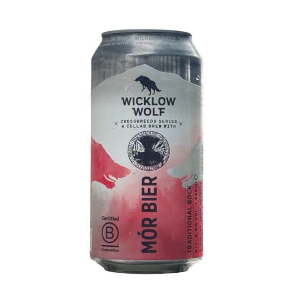 Wicklow Wolf beer can with a white and red design on a white background