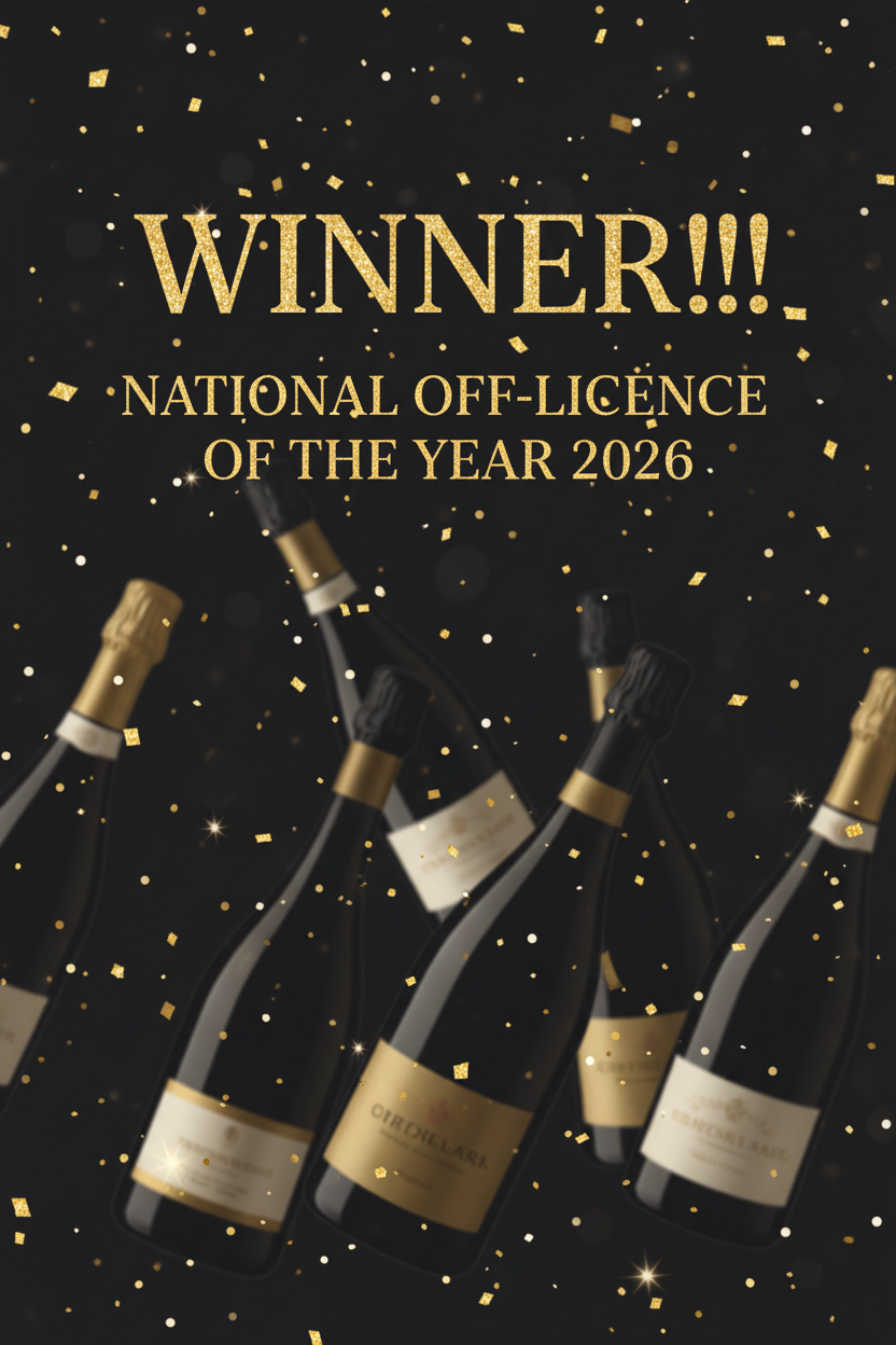 Promotional image for 'National Off-Licence of the Year 2026' with bottles and glasses in the background.