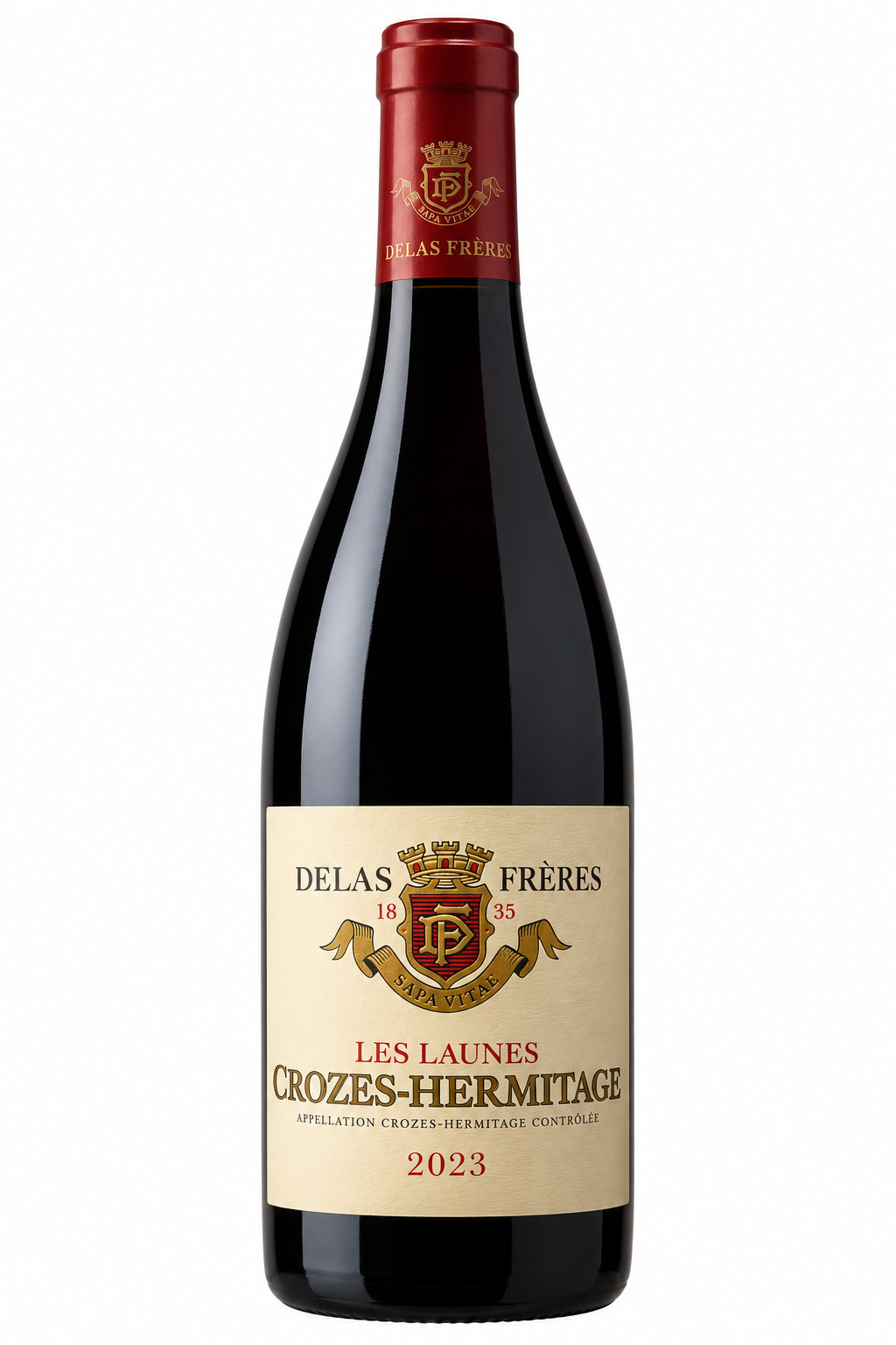 Delas Frères Les Launes Crozes-Hermitage 2023 red wine bottle on pure white background