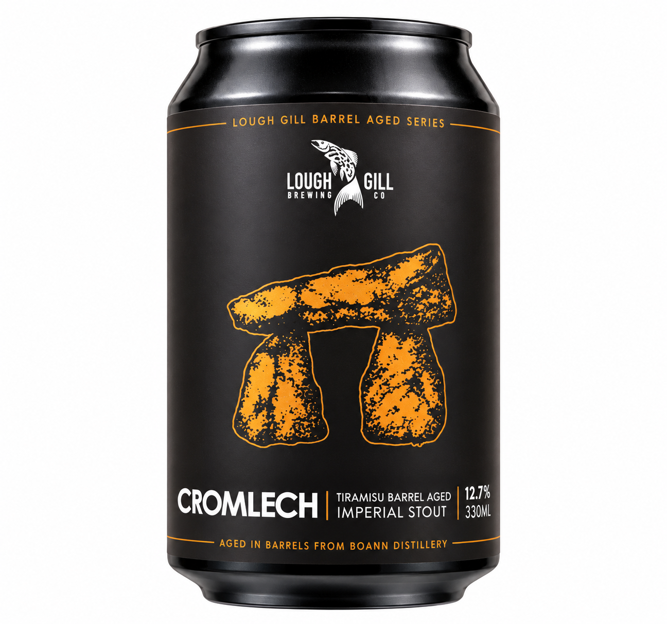 Lough Gill Cromlech Marsala Barrel Aged Tiramisu Imperial Stout 12.7% ABV 330ml can, clear white background