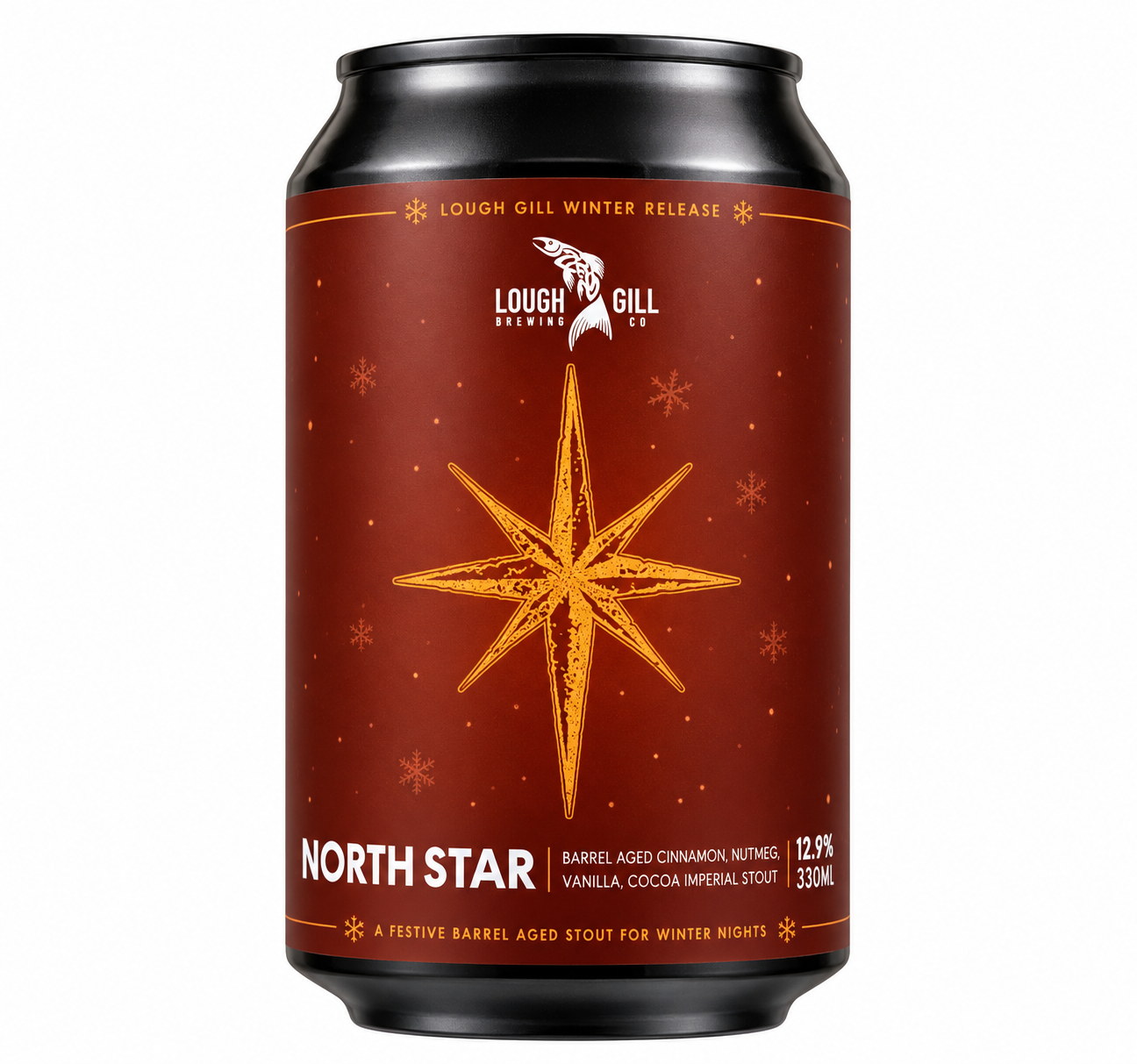 Lough Gill North Star Bourbon Barrel Aged Imperial Stout 12.9% ABV 330ml can on a white background
